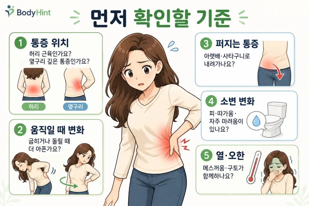 허리 한쪽이 아플 때 통증 위치가 허리인지 옆구리인지, 움직일 때 통증이 달라지는지, 아랫배·사타구니로 퍼지는지, 소변 변화가 있는지, 열·오한·메스꺼움이 함께하는지를 긴 갈색 머리 여성 대표캐릭터와 함께 보여주는 먼저 확인할 기준 이미지