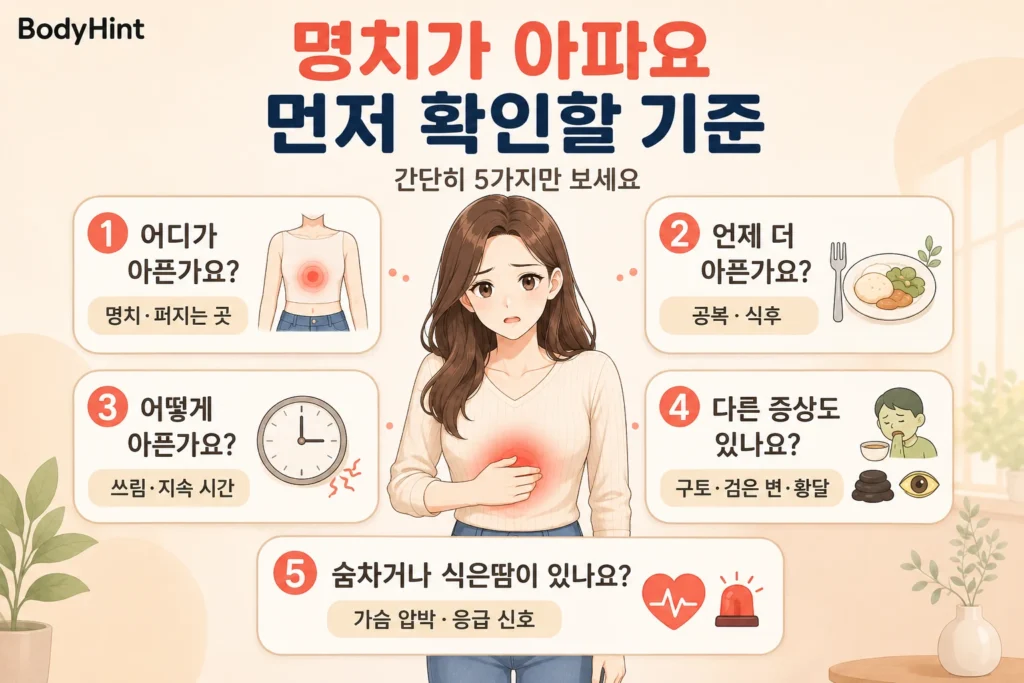 명치가 아플 때 통증 위치와 식사 관계, 지속 시간, 구토·검은 변·황달, 가슴 압박과 숨참을 확인하는 기준을 보여주는 BodyHint 인포그래픽