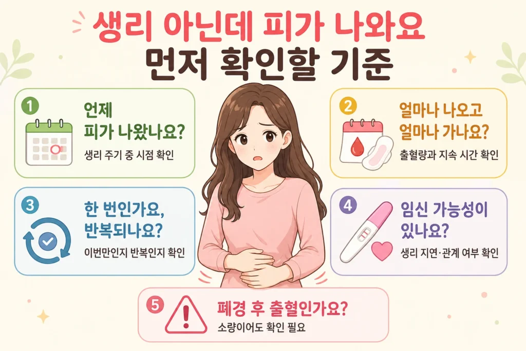 생리 아닌데 피가 나올 때 출혈 시기와 양·지속 시간, 반복 여부, 임신 가능성, 폐경 후 출혈 여부를 대표 여성 캐릭터와 함께 보여주는 BodyHint 인포그래픽