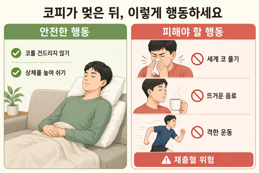 코를 건드리지 않고 상체를 높여 쉬는 안전 행동과 코 풀기·뜨거운 음료·격한 운동처럼 재출혈 가능성을 높이는 행동을 비교한 가로형 이미지