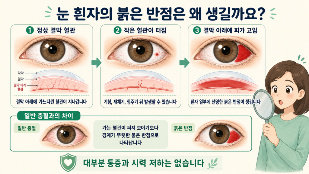 결막 아래의 작은 혈관이 터져 눈 흰자 일부에 경계가 뚜렷한 붉은 반점이 생기는 과정을 설명한 일러스트