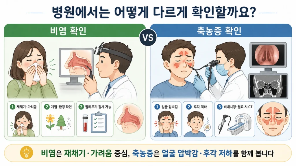 비염은 재채기·가려움과 알레르기 환경을 중심으로 확인하고, 축농증은 얼굴 압박감·후각 저하와 비내시경 및 필요한 경우 CT로 확인하는 과정을 비교한 이미지