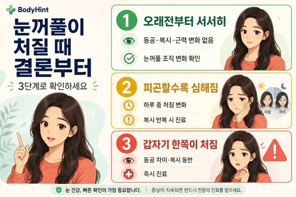 눈꺼풀 처짐이 오래전부터 서서히 진행된 경우, 피곤할수록 심해지는 경우, 갑자기 한쪽이 처지면서 동공 차이·복시가 동반되는 경우를 여성 대표캐릭터와 함께 3단계로 정리한 이미지