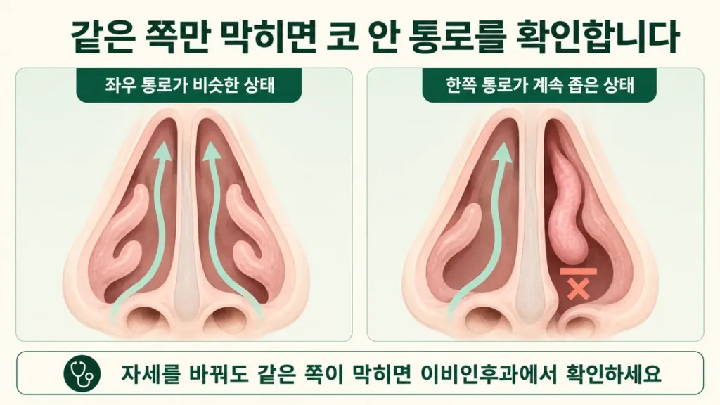 양쪽 공기 통로가 비슷한 코와 한쪽 통로가 계속 좁은 코의 단면 비교