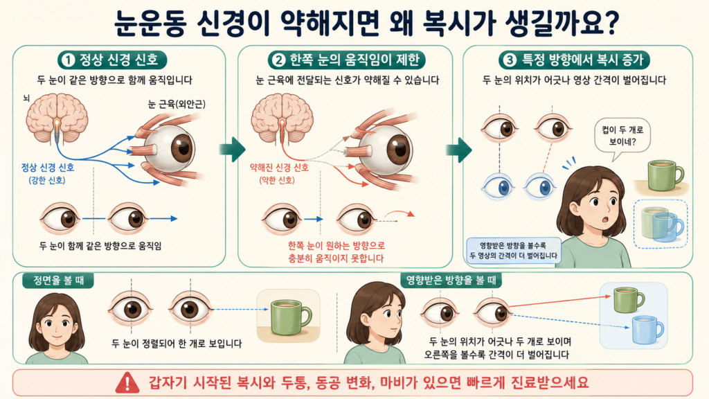 눈을 움직이는 뇌신경의 기능이 떨어져 한쪽 눈의 움직임이 제한되고 특정 방향을 볼 때 복시가 심해지는 과정을 설명한 일러스트