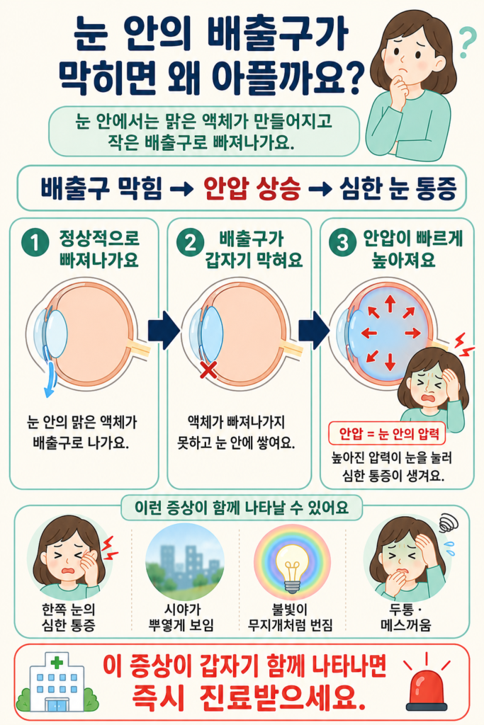 눈 안의 방수 배출 통로가 갑자기 막혀 안압이 상승하고 심한 눈 통증과 시야 흐림이 나타나는 과정을 설명한 일러스트