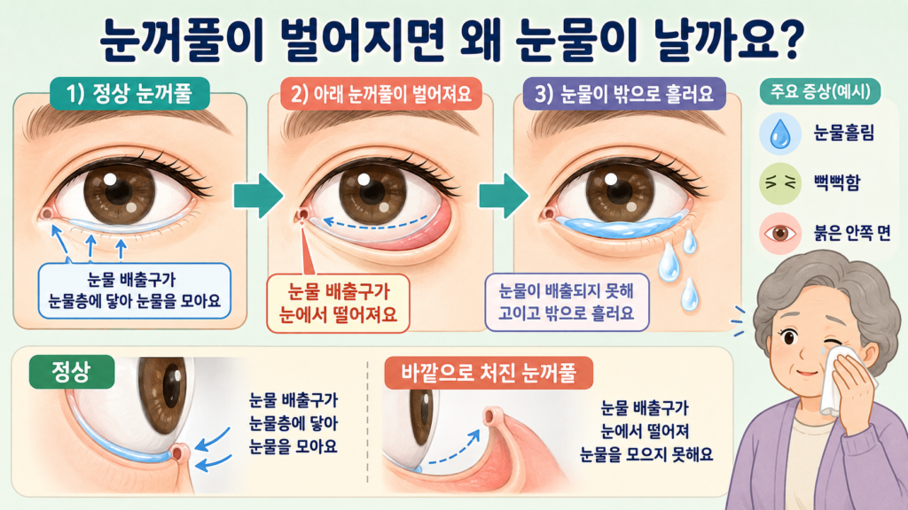 정상 아래 눈꺼풀과 바깥쪽으로 처진 눈꺼풀을 비교하고 눈물 배출구가 눈 표면에서 떨어져 눈물이 넘치는 과정을 쉽게 설명한 가로형 일러스트