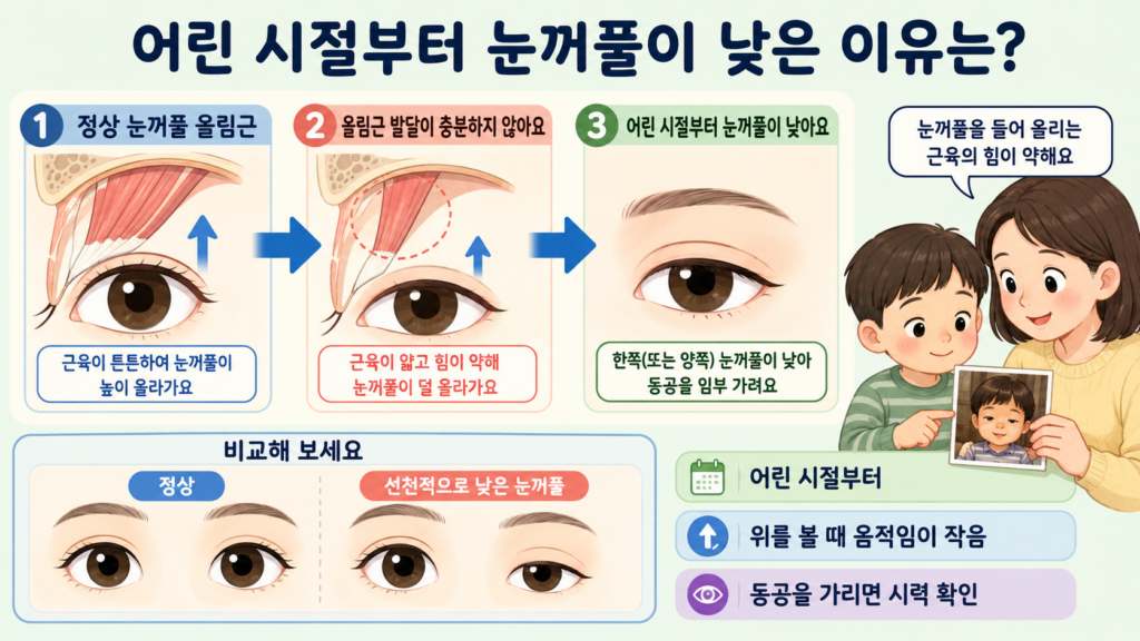 정상 눈꺼풀 올림근과 선천적으로 발달이 충분하지 않아 눈꺼풀을 높이 들어 올리지 못하는 상태를 쉽게 비교한 가로형 일러스트