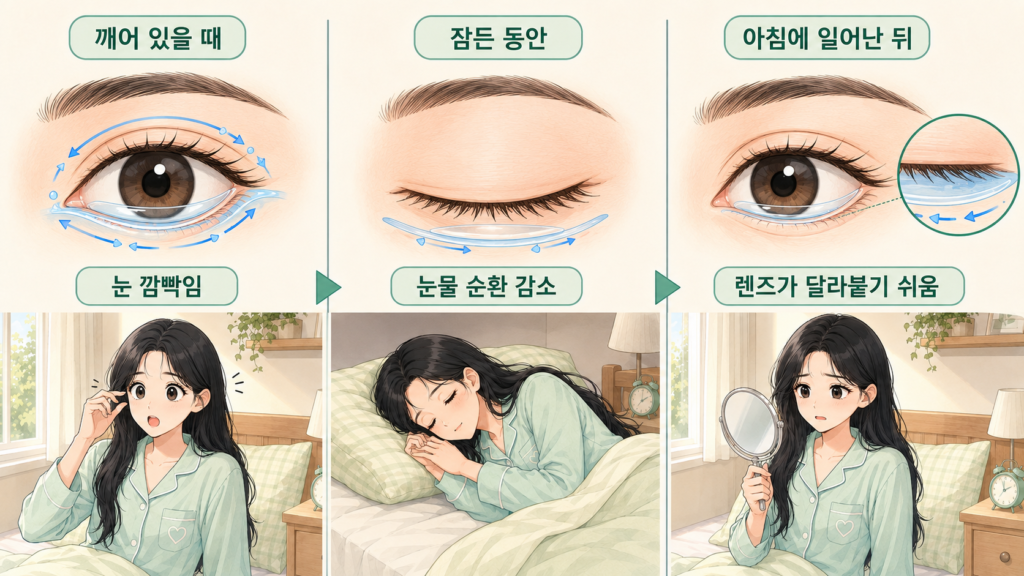 깨어 있을 때의 눈 깜빡임과 수면 중 눈물 순환 감소를 시간 흐름에 따라 비교하는 가로형 일러스트