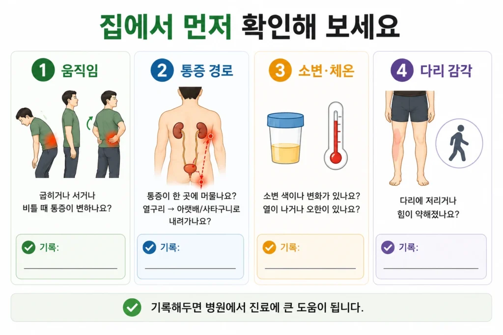 허리 한쪽 통증이 있을 때 움직임 변화, 옆구리에서 아랫배나 사타구니로 내려가는 통증 경로, 소변과 체온 변화, 다리 감각과 힘을 기록하는 간단한 증상 체크리스트 이미지