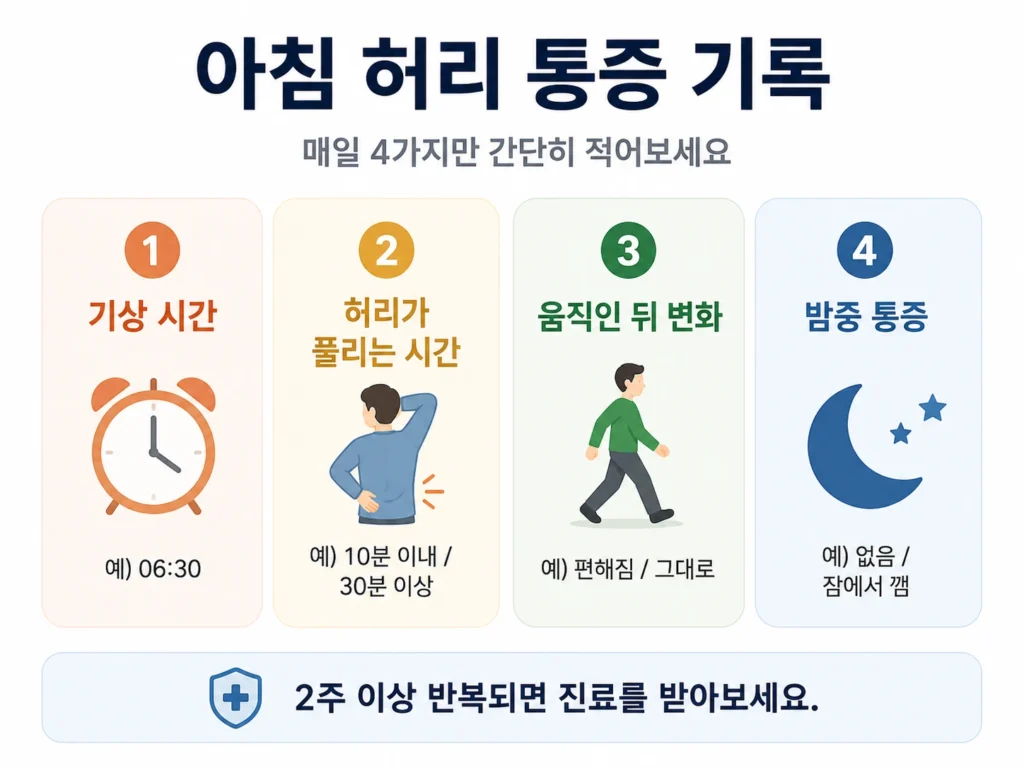 기상 시간, 허리가 풀리는 시간, 움직인 뒤 변화, 밤중 통증 여부를 네 가지 항목으로 간단히 기록하는 아침 허리 통증 이미지