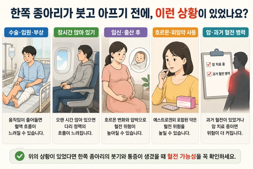 한쪽 종아리 붓기와 통증이 생기기 전에 수술·입원·부상, 장시간 앉아 있기, 임신·출산 후, 에스트로겐 포함 피임약 사용, 암 치료나 과거 혈전 병력이 있었는지 확인하는 이미지