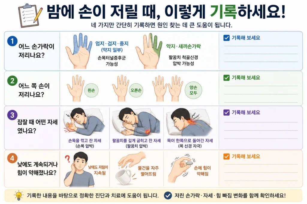 밤에 손이 저릴 때 저린 손가락, 왼손·오른손 여부, 잠잘 때 손목·팔꿈치·목 자세, 낮에도 지속되는 저림과 힘 빠짐을 네 가지로 기록하는 이미지