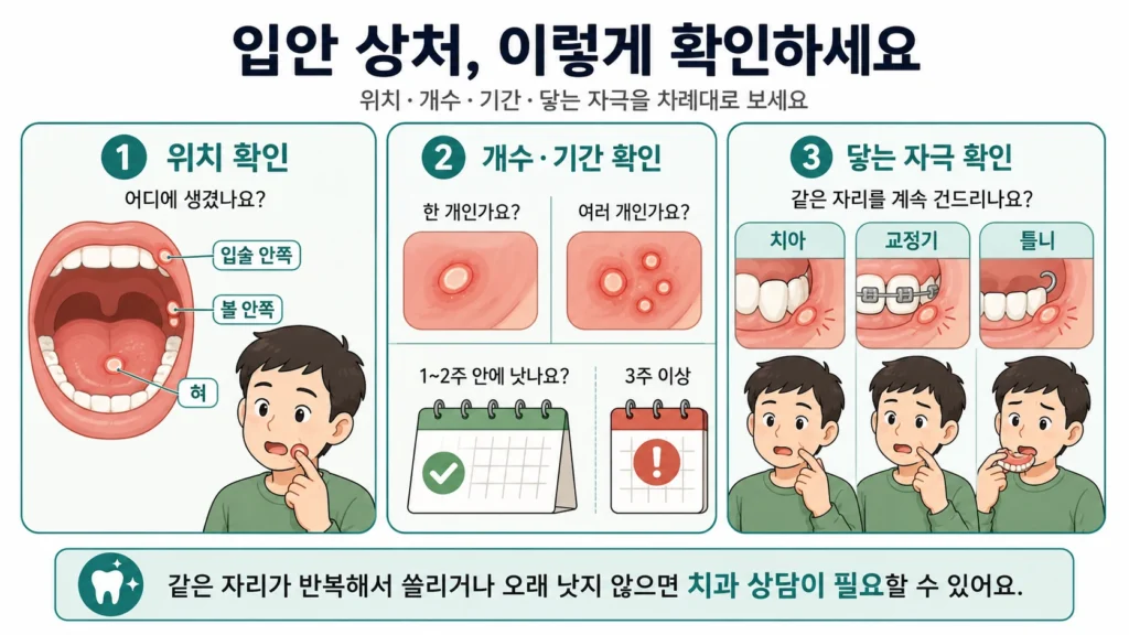 입안 상처의 위치와 개수, 지속 기간, 치아·교정기·틀니가 닿는 자극 여부를 세 단계로 확인하는 안내 이미지