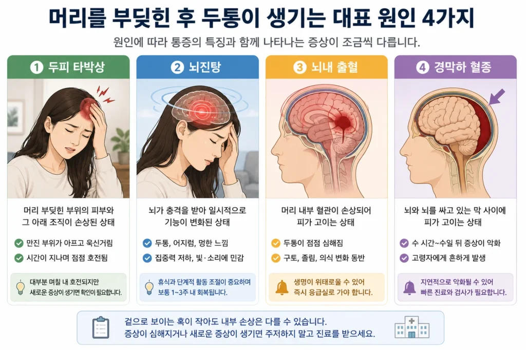머리를 부딪힌 시점과 충격 방식, 의식·기억 변화, 두통이 줄어드는지 심해지는지, 구토·졸림·말과 움직임 변화를 순서대로 확인하는 4단계 이미지