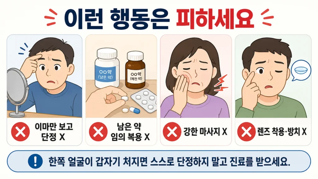 한쪽 얼굴이 갑자기 처졌을 때 이마 움직임만 보고 단정하거나 남은 약을 임의로 복용하고, 얼굴을 강하게 마사지하거나 감기지 않는 눈에 렌즈를 착용한 채 방치하는 행동을 피하도록 안내하는 이미지