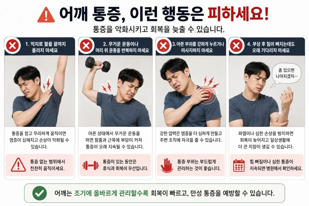 어깨가 아플 때 팔을 끝까지 억지로 올리거나 무거운 운동을 반복하고, 통증 부위를 강하게 누르거나 부상 후 힘이 빠지는데도 오래 기다리는 행동을 피하도록 안내하는 이미지