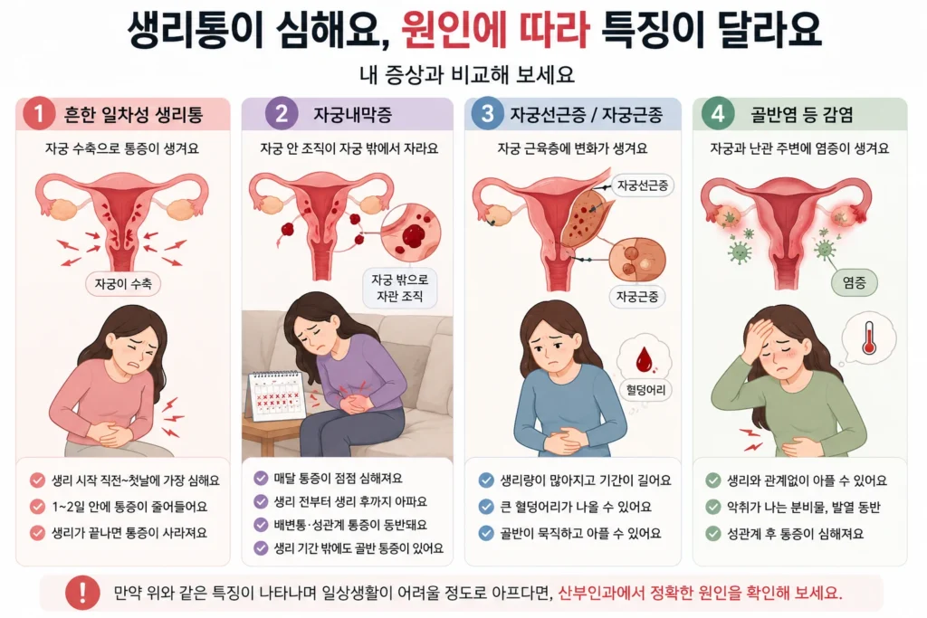 흔한 일차성 생리통, 자궁내막증, 자궁선근증·자궁근종, 골반염 등 감염에 따른 통증 특징을 네 가지로 비교한 이미지