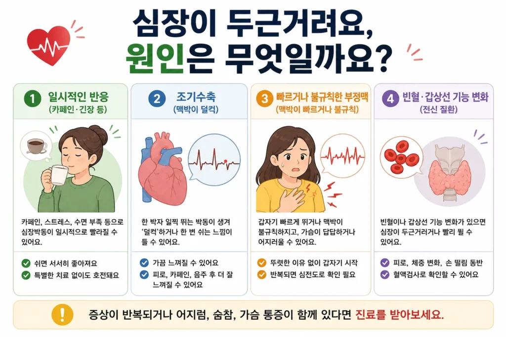 심장이 두근거릴 때 카페인·긴장에 따른 일시적인 반응, 맥박이 덜컥하는 조기수축, 빠르거나 불규칙한 부정맥, 빈혈·갑상선 기능 변화의 특징을 네 가지로 설명한 이미지