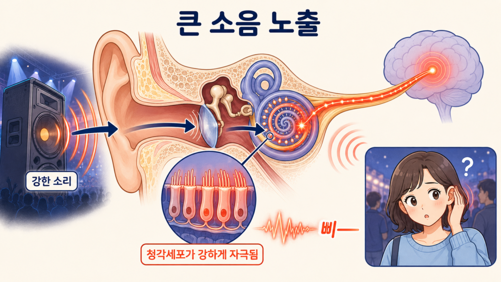 큰 소음으로 청각세포가 자극되어 귀에서 삐 소리가 들리는 원리를 설명하는 귀 단면 일러스트