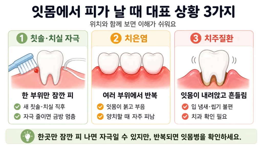 잇몸에서 피가 날 때 새 칫솔·치실 자극으로 한 부위에서 잠깐 피가 나는 경우, 치은염으로 여러 부위에서 출혈과 붉은 부기가 반복되는 경우, 치주질환으로 잇몸이 내려앉고 치아가 흔들리는 경우를 3칸으로 비교한 이미지