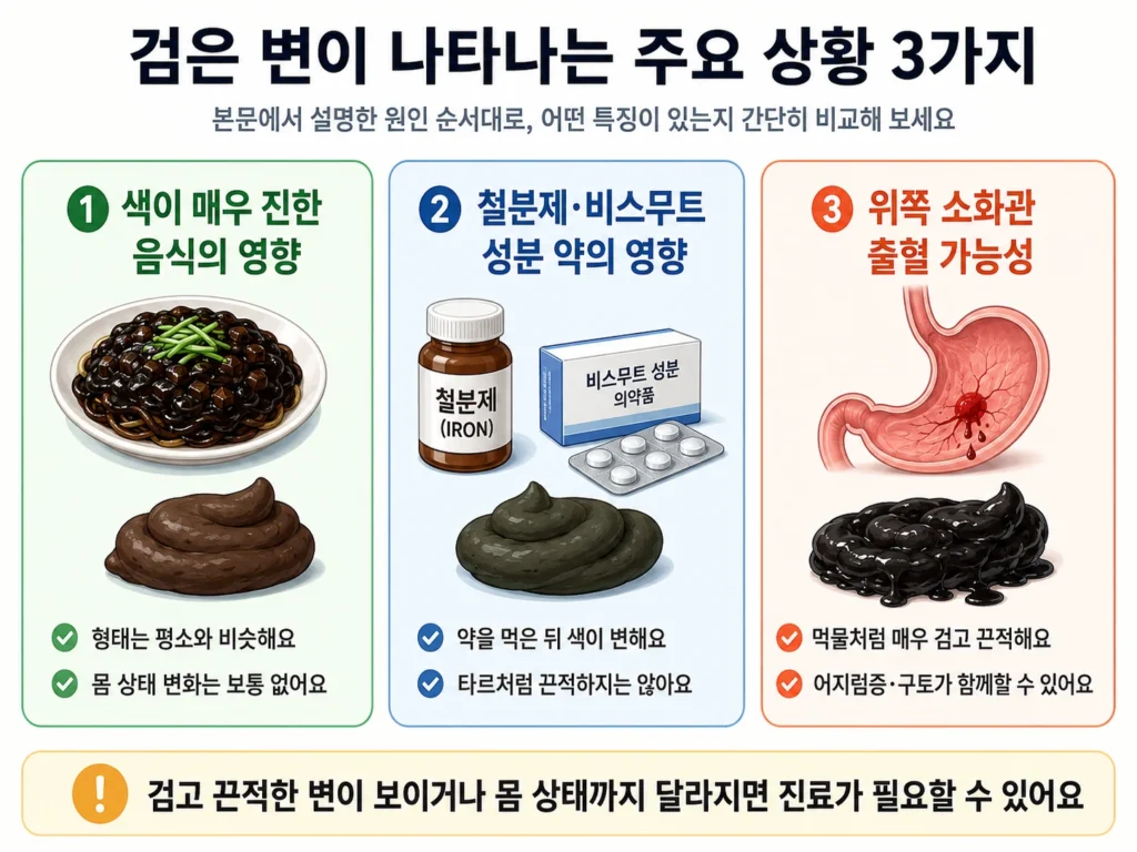 색이 매우 진한 음식, 철분제·비스무트 성분 약, 위쪽 소화관 출혈 가능성으로 검은 변이 나타나는 세 가지 상황을 비교한 이미지