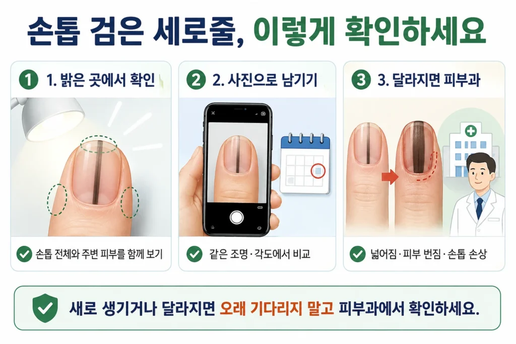 손톱의 검은 세로줄을 밝은 곳에서 확인하고 같은 조명과 각도로 사진을 남긴 뒤, 줄이 넓어지거나 주변 피부와 손톱에 변화가 생기면 피부과에서 확인하는 3단계 행동 이미지