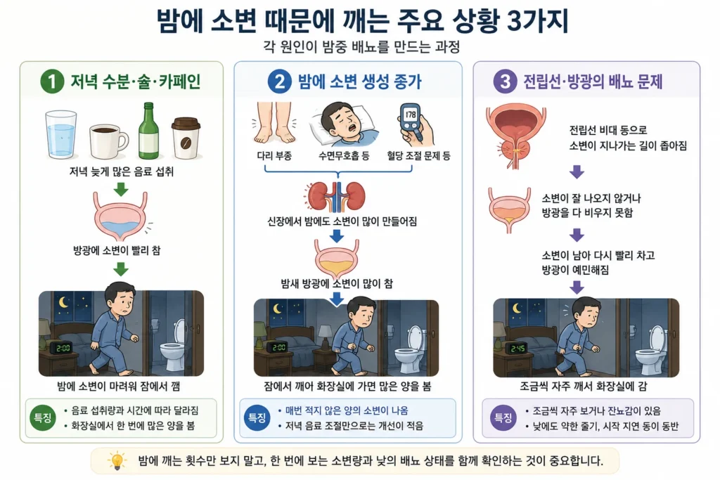저녁 수분·술·카페인 섭취, 밤에 소변 생성이 늘어나는 경우, 전립선·방광의 배뇨 문제로 밤중 소변이 생기는 과정을 비교한 이미지