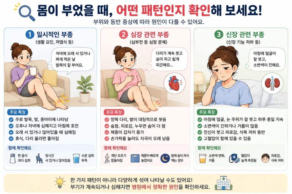 일시적인 부종, 양쪽 다리 부종과 숨참이 동반되는 심장 관련 부종, 아침 얼굴 부기와 소변 변화가 동반되는 신장 관련 부종을 3칸으로 비교한 이미지