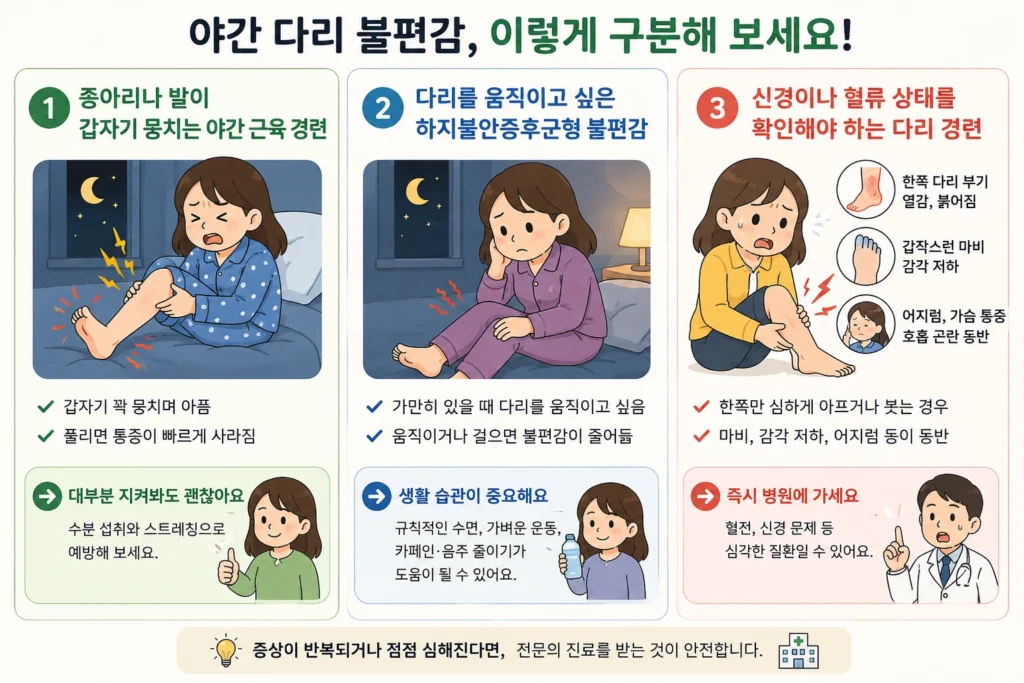 자다가 종아리나 발 근육이 갑자기 뭉치는 야간 근육 경련, 다리를 움직이고 싶은 하지불안형 불편감, 한쪽 부기·열감·마비·감각 저하가 동반되는 신경·혈류 이상 신호를 비교한 이미지