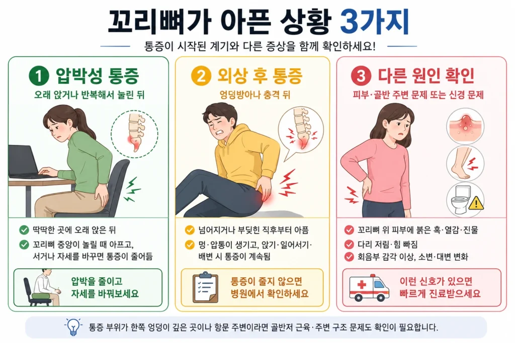 오래 앉은 뒤 생기는 압박성 꼬리뼈 통증, 엉덩방아 뒤 이어지는 외상성 통증, 붉은 혹·다리 저림·배뇨·배변 변화가 동반되는 다른 원인 신호를 비교한 이미지