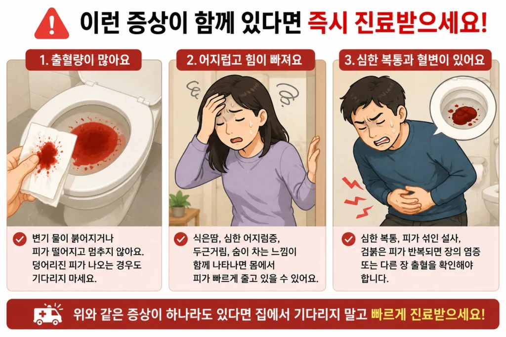 변기 물이 붉어질 정도의 많은 출혈, 심한 어지럼증, 심한 복통과 혈변이 나타날 때 빠른 진료가 필요함을 보여주는 3컷 이미지