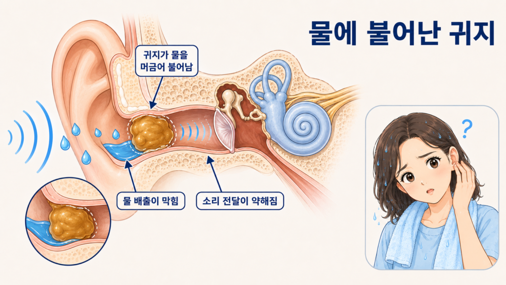 물에 불어난 귀지가 외이도를 막아 물 배출과 소리 전달이 약해지는 귀 단면 일러스트