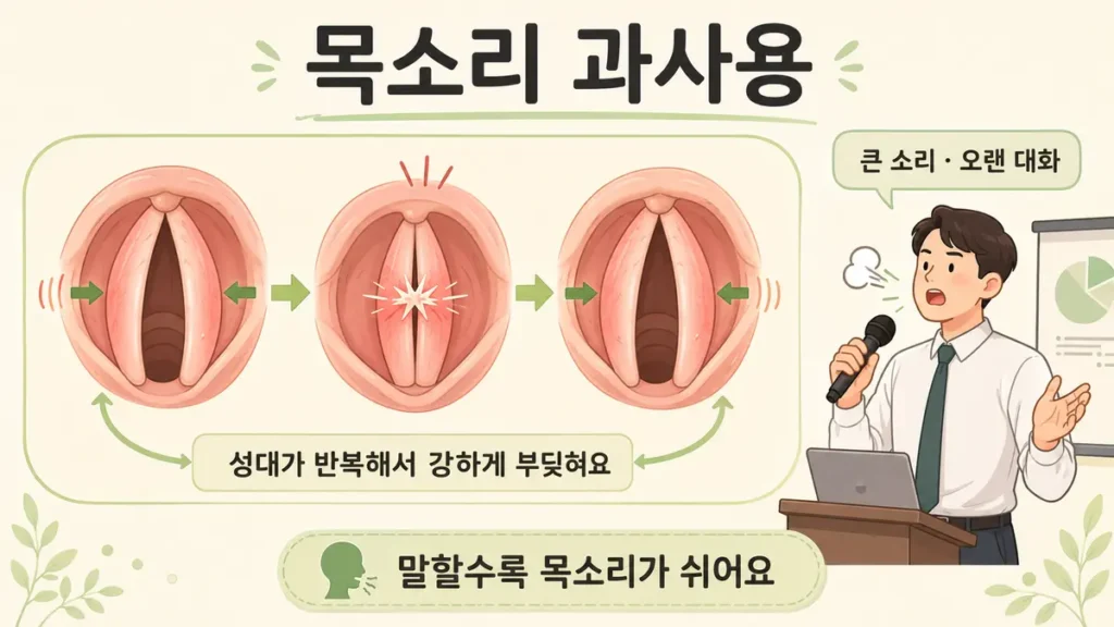 큰 소리와 오랜 대화로 성대가 반복해서 부딪혀 목소리가 쉬는 과정을 보여주는 이미지
