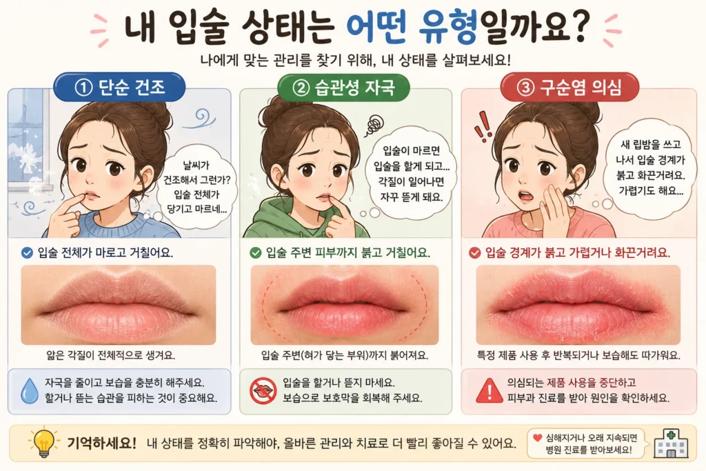 입술 전체가 마르는 단순 건조, 입술을 핥거나 뜯어 생기는 습관성 자극, 특정 제품 사용 후 붉고 화끈거리는 구순염 의심 상태를 비교한 이미지