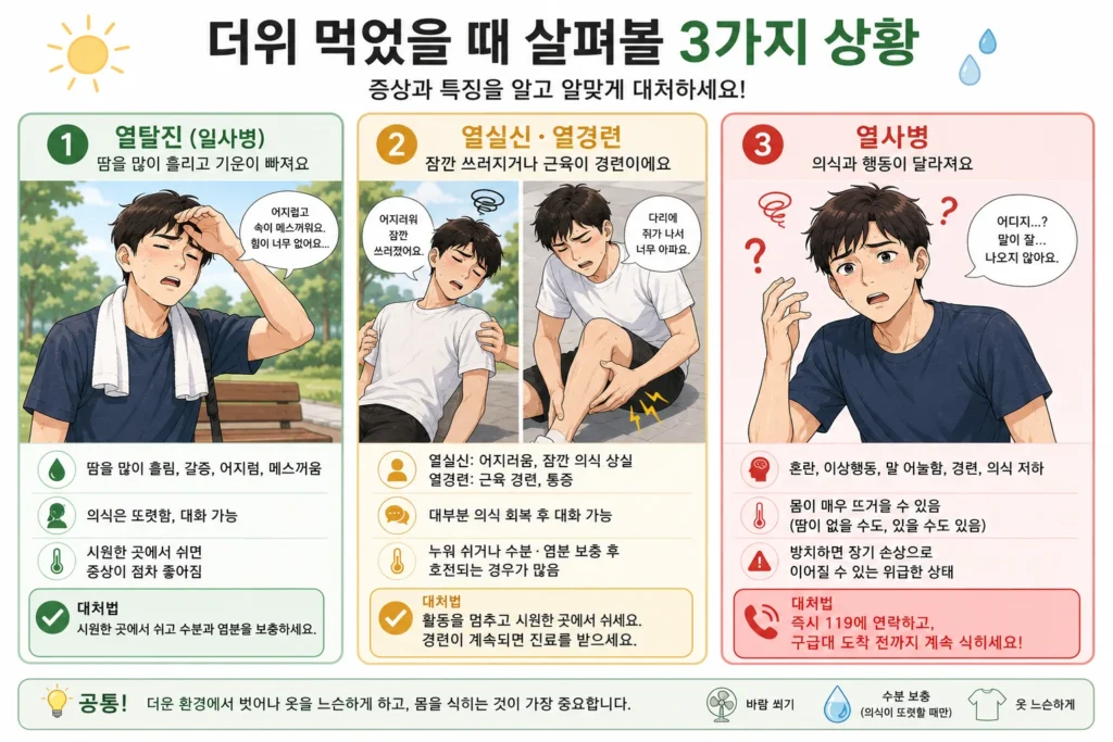 더위 먹었을 때 나타날 수 있는 열탈진, 열실신과 열경련, 열사병의 증상과 대처 방법을 3칸으로 비교한 이미지