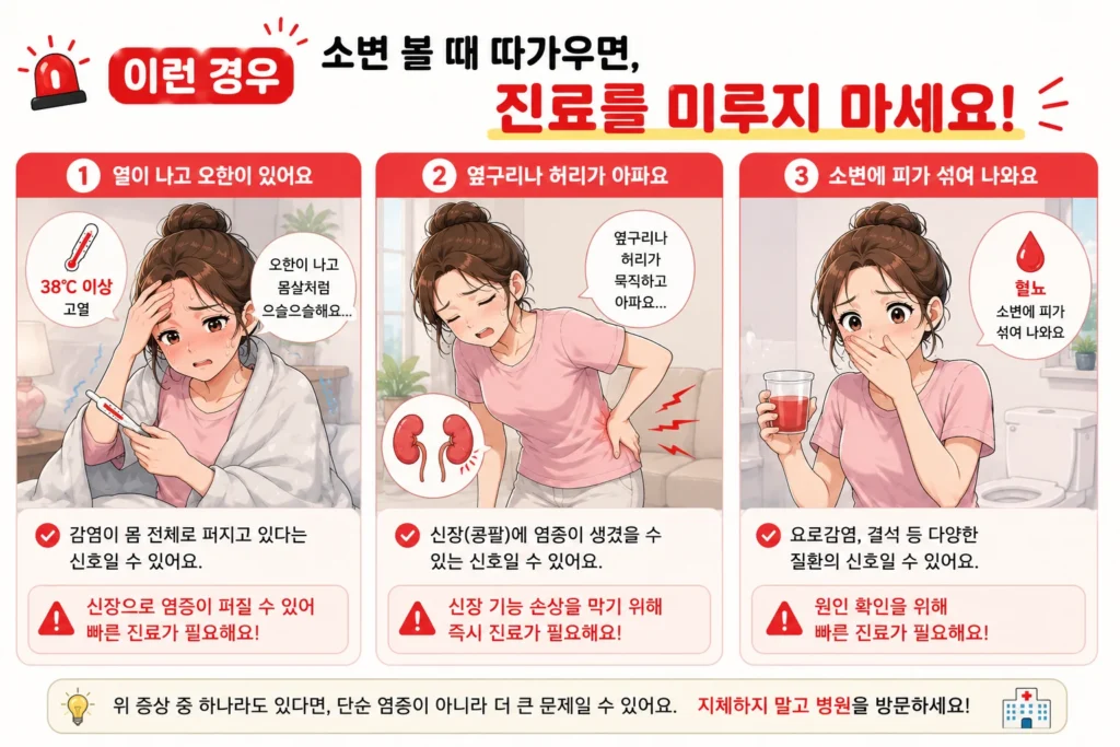 소변 볼 때 따가우면서 고열과 오한, 옆구리·허리 통증, 혈뇨가 나타나 진료를 미루지 않아야 하는 세 가지 상황을 대표 여자 캐릭터로 보여주는 이미지