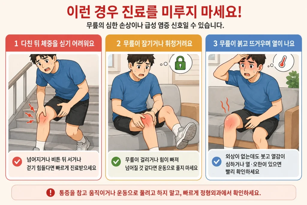다친 뒤 체중을 싣기 어려운 경우, 무릎이 잠기거나 휘청거리는 경우, 무릎이 붉고 뜨거우며 열이 나는 경우를 대표 남자 캐릭터 3컷으로 보여주는 이미지