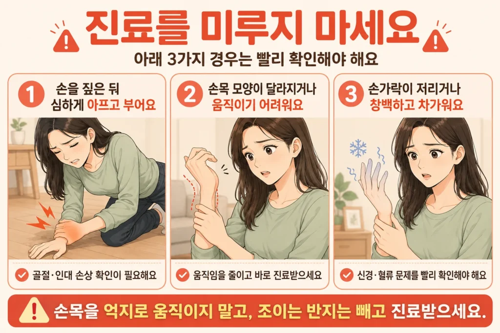 손을 짚은 뒤 심한 통증과 부기가 생긴 경우, 손목 모양이 달라지거나 움직이기 어려운 경우, 손가락이 저리거나 창백하고 차가워지는 경우를 대표 여자 캐릭터 3컷으로 보여주는 이미지