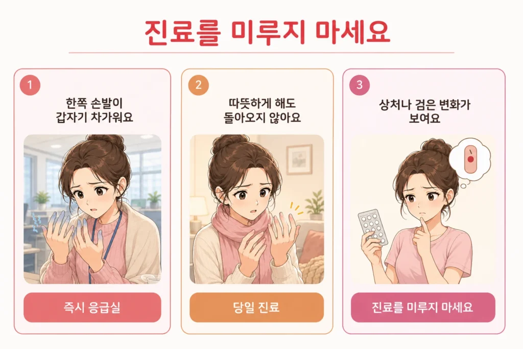 손발이 자꾸 차가울 때 한쪽 손발이 갑자기 차가워지는 경우, 따뜻하게 해도 색과 감각이 돌아오지 않는 경우, 손끝이나 발끝에 상처 또는 검은 변화가 나타나는 경우를 BodyHint 대표 여성 캐릭터의 3컷으로 보여주는 이미지