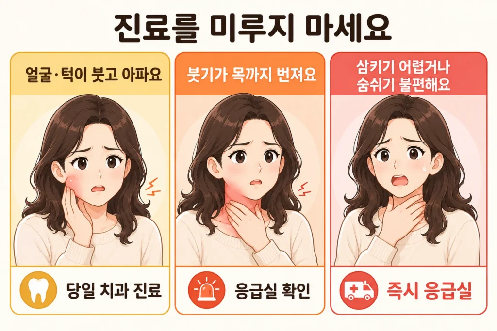입 냄새와 함께 얼굴·턱이 붓고 아픈 경우, 붓기가 목까지 번지는 경우, 삼키거나 숨쉬기 어려운 경우를 BodyHint 대표 여성 캐릭터의 3컷으로 보여주는 진료 안내 이미지
