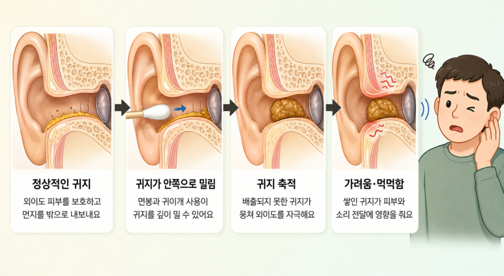 외이도에 쌓인 귀지가 피부를 자극하고 소리 길을 좁히는 과정을 설명한 일러스트