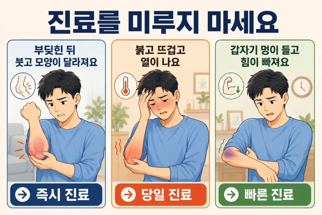 팔꿈치 바깥쪽이 아플 때 외상 뒤 붓고 모양이 달라진 경우, 팔꿈치가 붉고 뜨거우며 열이 나는 경우, 갑자기 멍이 들고 팔에 힘이 빠지는 경우를 BodyHint 대표 남성 캐릭터의 3컷으로 보여주는 진료 안내 이미지