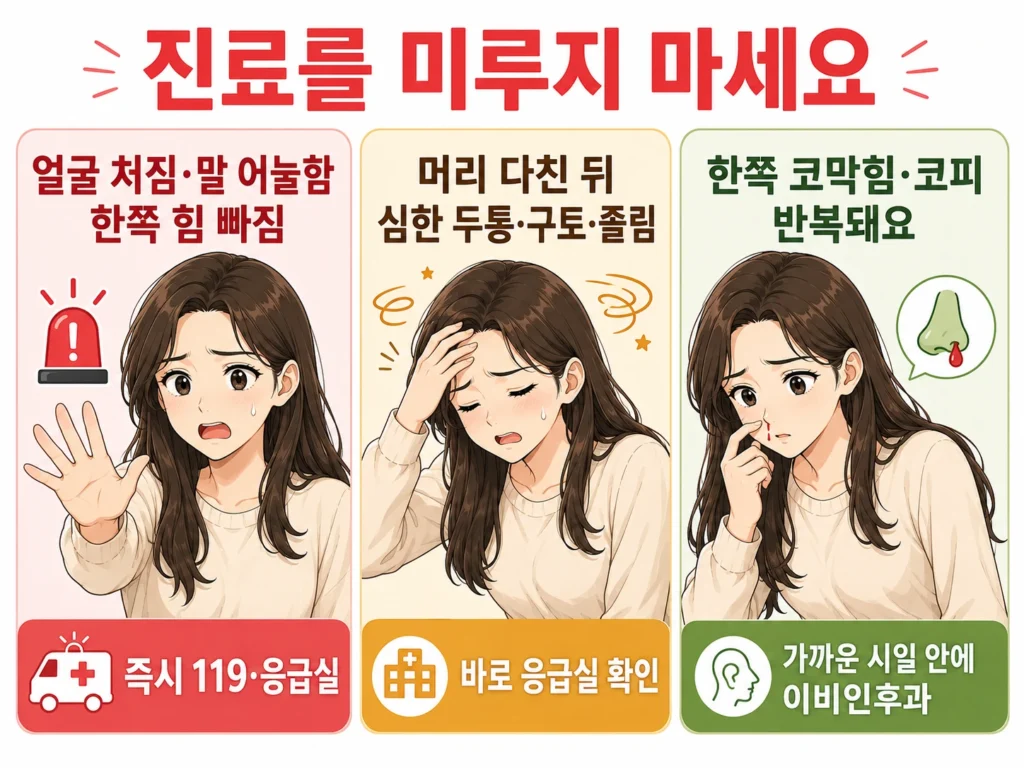 얼굴 처짐과 말 어눌함, 머리 외상 후 심한 두통과 구토, 한쪽 코막힘과 반복되는 코피 등 후각 저하와 함께 진료를 미루지 말아야 할 신호를 대표 여성 캐릭터로 설명한 3컷 이미지