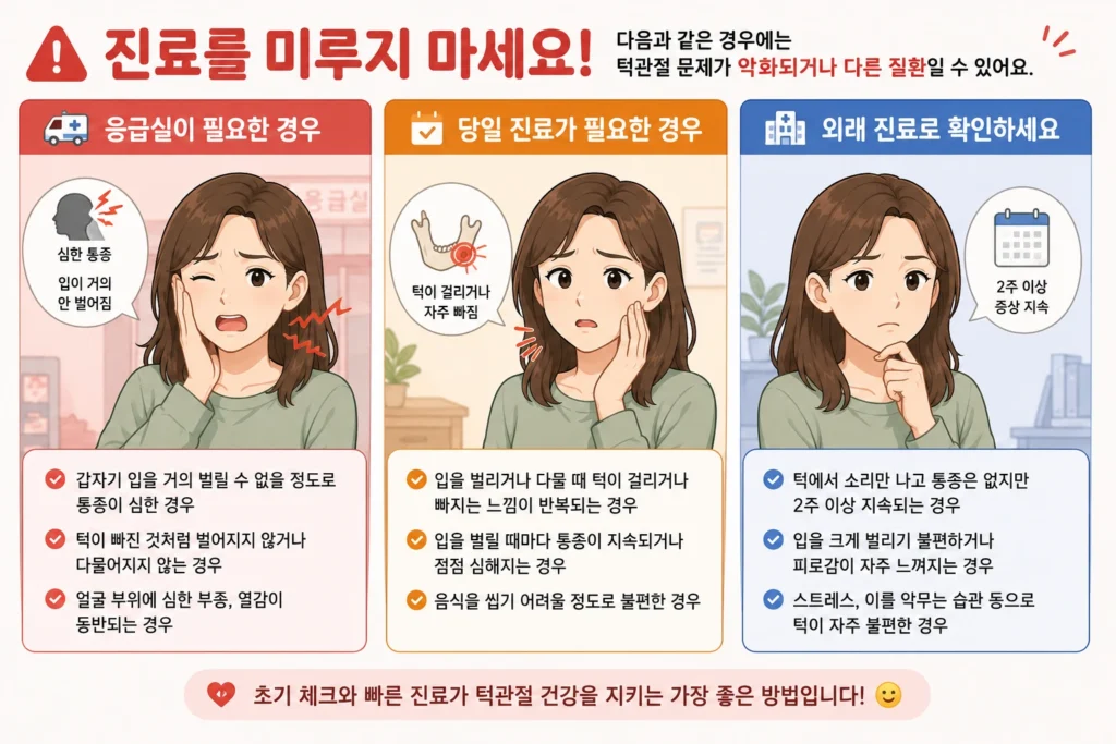 턱이나 얼굴 외상 뒤 입 벌림과 맞물림이 달라진 경우, 턱이 잠겨 입을 벌리거나 다물 수 없는 경우, 얼굴 붓기와 발열·삼킴 불편이 있는 경우 진료를 미루지 말아야 한다고 안내하는 대표 여성 캐릭터 3컷 이미지