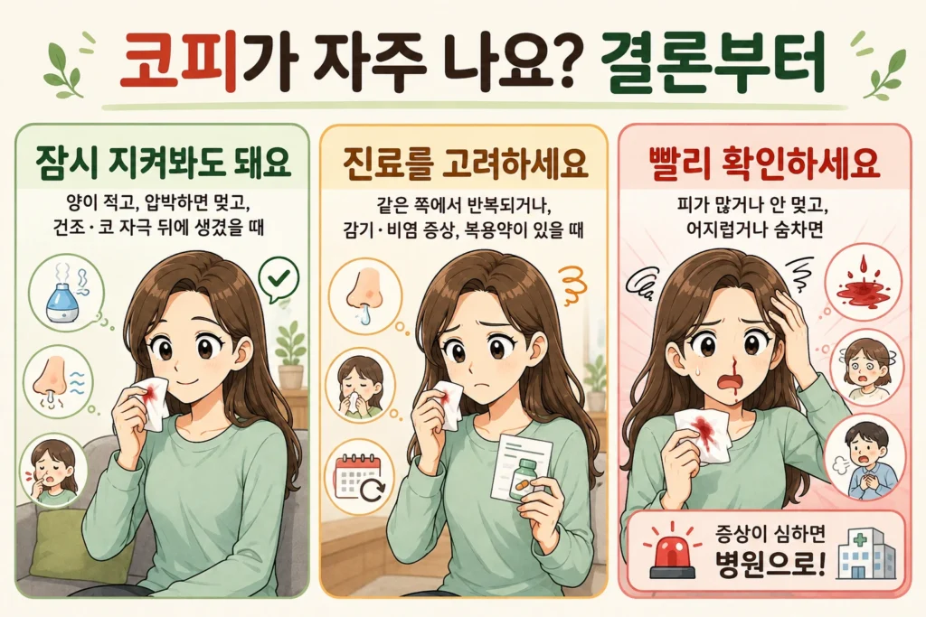 코피가 적고 압박하면 멎는 경우, 같은 쪽에서 반복되거나 감기·비염 증상과 복용약이 있는 경우, 피가 많거나 어지럼증·숨참이 있는 경우를 대표 여성 캐릭터로 구분한 결론부터 3컷 이미지