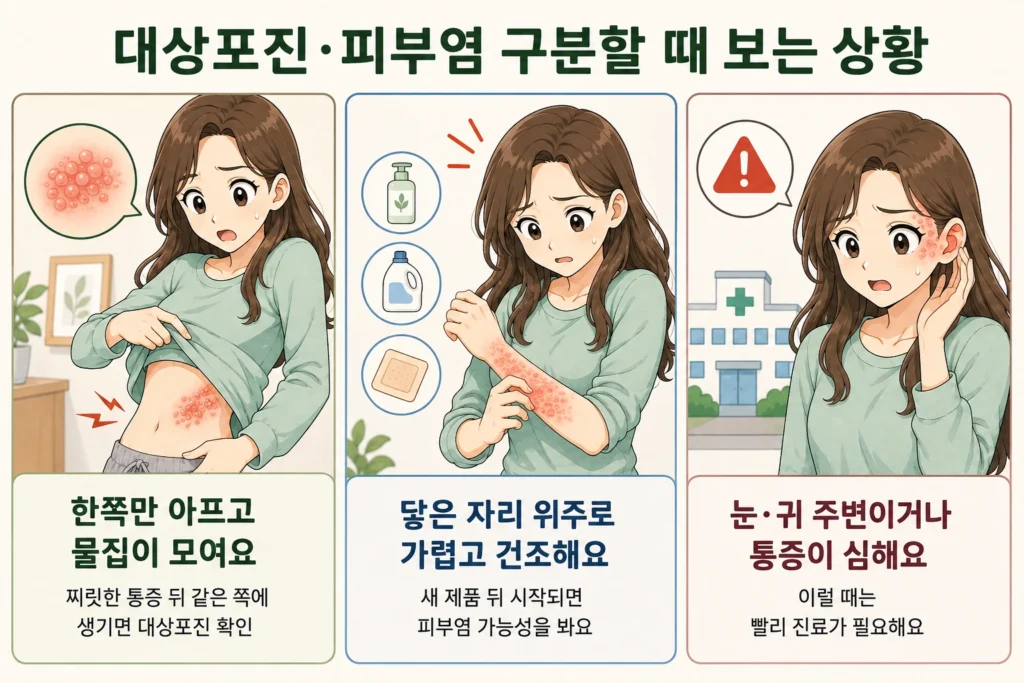 대상포진과 피부염을 구분할 때 한쪽 통증 뒤 같은 부위에 물집이 모이는 경우, 새 제품이 닿은 부위에 가렵고 건조한 발진이 생기는 경우, 눈·귀 주변 발진이나 심한 통증이 있는 경우를 대표 여성 캐릭터로 설명한 3컷 이미지