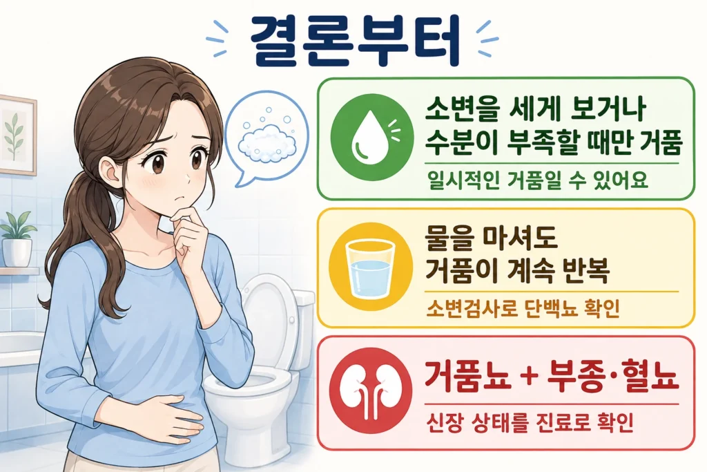 소변 거품이 일시적으로 생기는 경우, 물을 마셔도 반복되는 거품뇨, 부종·혈뇨가 함께 나타날 때의 확인 기준을 정리한 인포그래픽