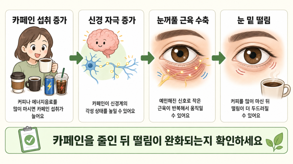 카페인과 생활 자극 요인이 신경과 눈꺼풀 근육을 자극해 눈 밑 떨림을 일으키는 과정을 설명한 일러스트