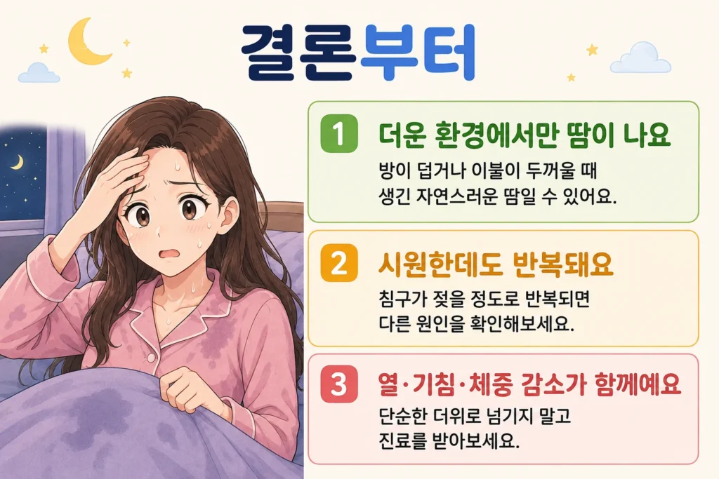 자다가 식은땀이 날 때 더운 환경에서만 나는 땀, 시원한 환경에서도 반복되는 야간 발한, 열·기침·체중 감소가 함께할 때의 진료 기준을 정리한 인포그래픽